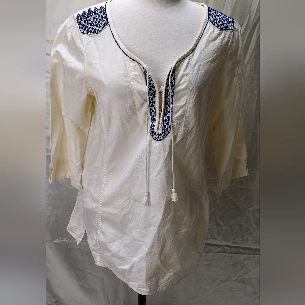 EDDIE BAUER 3/4 SLEEVE TIE NECK IVORY BLOUSE 100% COTTON SHIRT EMBROIDERY TOP LP - Picture 1 of 8